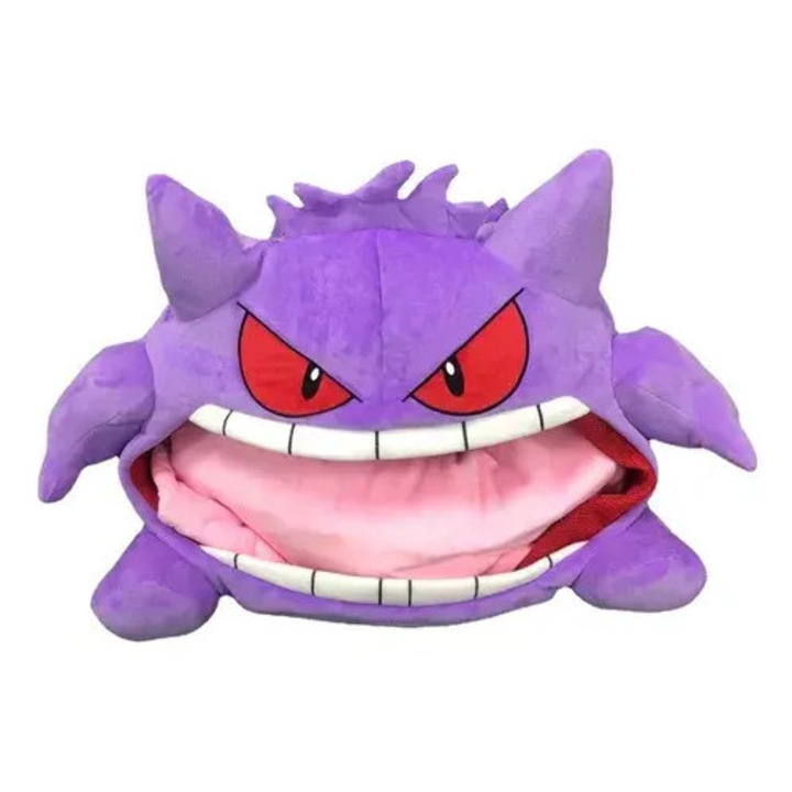 Възглавница за сън тип играчка Gengar, мек плюш, интегрирано одеяло за повиване, лилав, 50 x 45 см