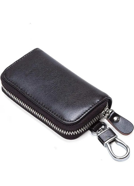 Port-chei, portofel pentru chei din piele naturala cu 6 carlige pentru chei, inel detasabil, 2 sloturi pentru carduri, inchidere cu fermoar, Negru, 12.5x7x2 cm
