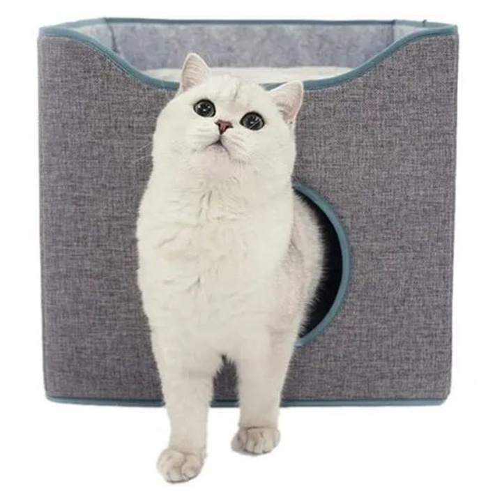 Cuib pisici pliabil semi-inchis, material in linie, gri, 40x40x40cm