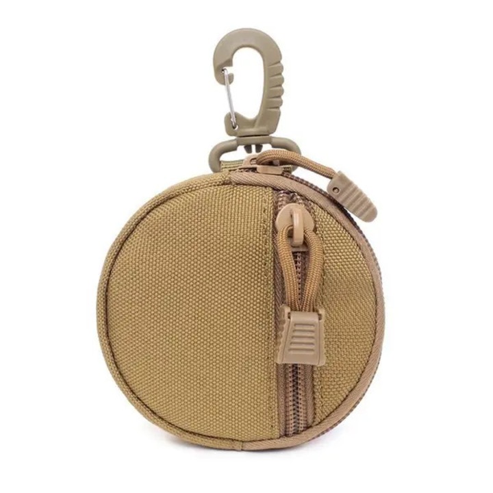 Oxford 600D tok/táska, karabinerrel és cipzárral, kerek taktikai design, khaki, 11x11x12 cm