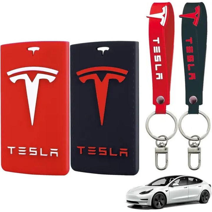 Set 2 bucati, Husa pentru card cheie / suport card pentru Tesla Model 3/Model Y/S/X, din silicon de inalta calitate, cu breloc din otel placat, rosu/negru