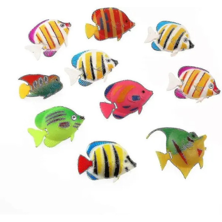 Set 10 bucati, pesti artificiali plutitori din plastic durabil, cu greutate incorporata si coada articulata, pictati cu detalii realiste, multicolor, 10 x 3-5 cm