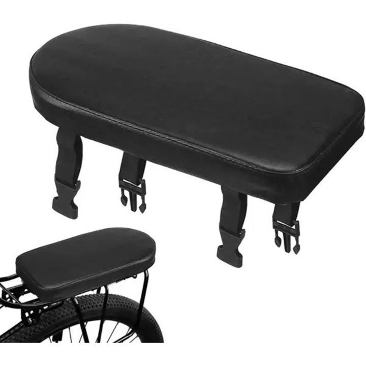 Perna spate pentru portbagaj bicicleta, sezut auxiliar din piele PU si spuma, cu centura de siguranta, compatibil universal pentru copii si adulti, 30x15 cm, Negru