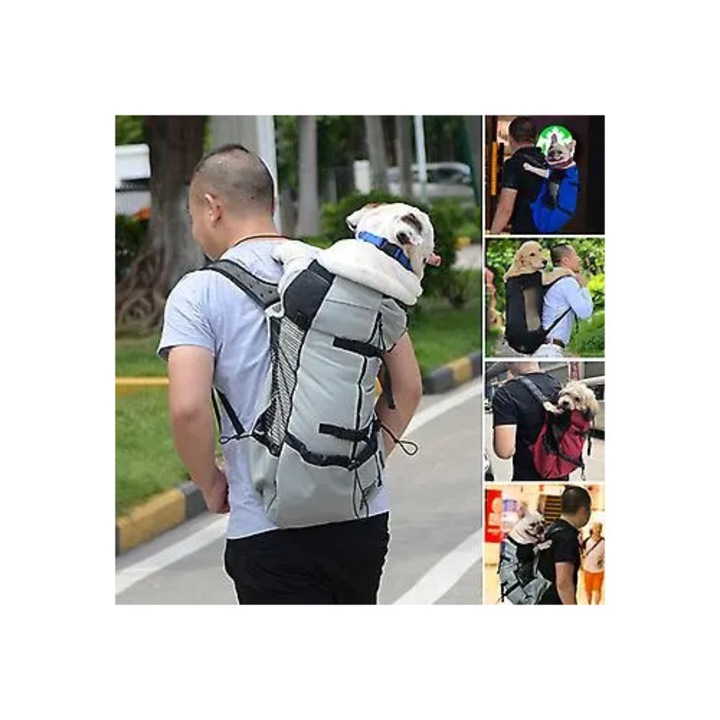 Rucsac transport caini, rucsac purtator din poliester, ajustabil si respirabil, pentru drumetii si ciclism, Gri, XL