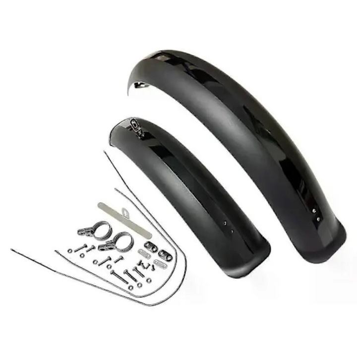 Aparatori noroi pentru bicicleta PO-CJ-K0433-26-8-22-3698, pentru anvelope fat 26x4.0 (11 cm), PP, negru, set fata+spate, 76 x 11 cm