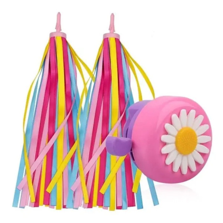 Set accesorii bicicleta copii, clopotel floarea-soarelui, panglici colorate, roz-lila, 5.3x5.3x5.3cm