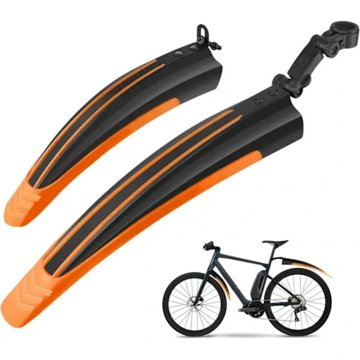 Set aparatoare noroi pentru bicicleta, universal reglabil, din PVC rezistent, pentru roti 20-26 inch, portocaliu, 2 bucati, 90x300x40mm (fata)/90x380x50mm (spate)
