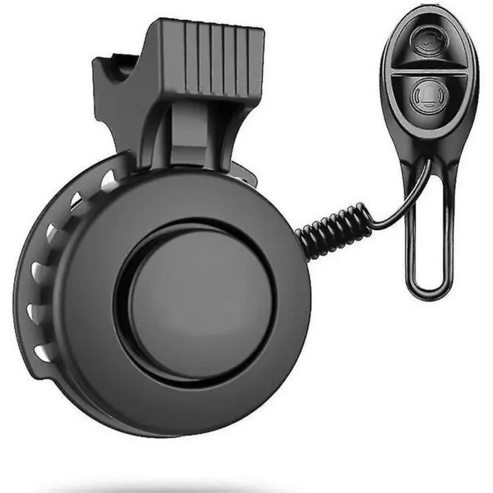 USB újratölthető kerékpár csengő/kürt, többféle hangszínnel (síp, kürt, riasztó, üzenet), hangerő akár 120 dB, IP65 víz- és porálló, rugalmas rögzítés 22-31,8 mm-es kormányra, fekete, 1 db