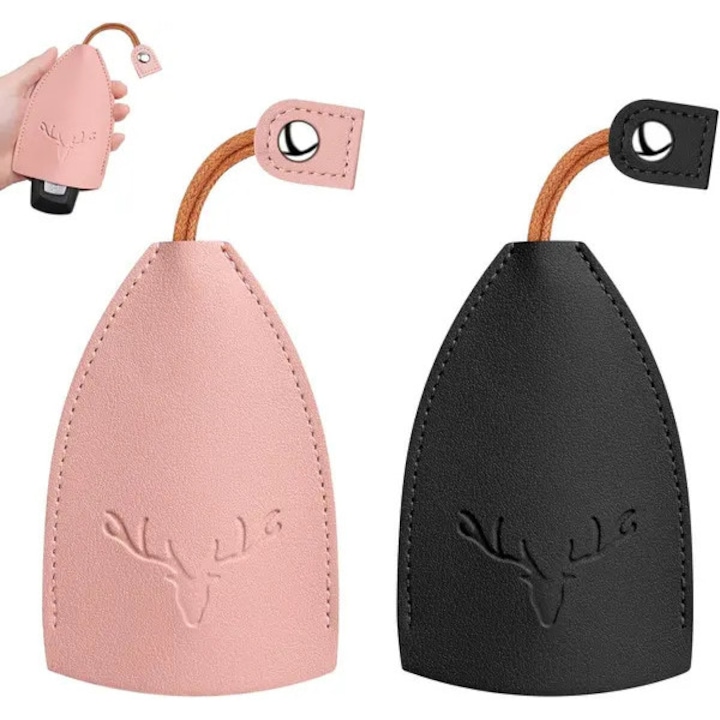 Husa chei piele, set 2 bucati, roz si negru, 11.5x7.5cm, capacitate mare