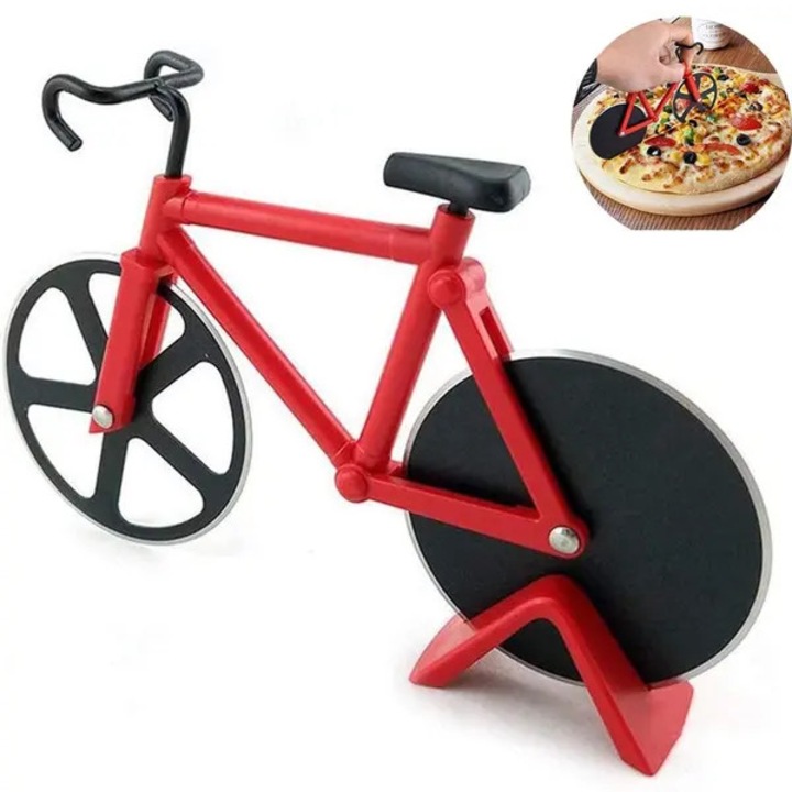 Taietor de pizza / roata pizza KLB, din otel inoxidabil si plastic, roti duble cu margine non-stick, design bicicleta cu suport, rosu, 1 buc