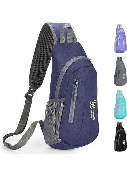 Textil sling táska/övtáska, vízálló, állítható pánttal és több zsebbel, Kék