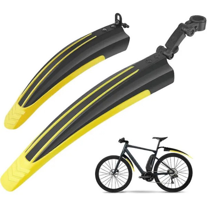 Set aparatori noroi bicicleta PO-CJ-K0433-26-8-22-5229, reglabil universal, PVC rezistent, pentru roti 20–26 inch, negru/galben, set 2 (fata: 90x300x40 mm, spate: 90x380x50 mm)