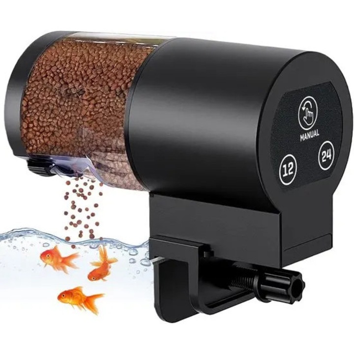 Automata akváriumi etető 100ml kapacitás, állítható időzítő, elemek, pehely és pellet eledelhez
