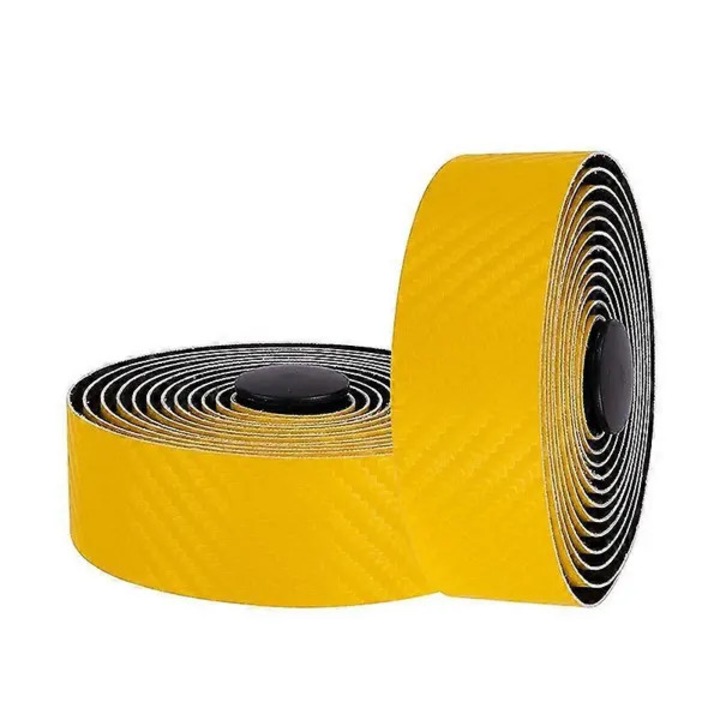 Karbon szálas kompozit kormánybanda/kerékpár szalag, ütéselnyelő, rezgéscsillapító, légáteresztő, mosható, 2 végdugóval, 30 mm széles, 2,9 mm vastag, sárga, 2,1 m