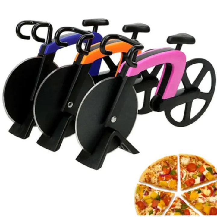 Razuitor pizza / cutter tip bicicleta, lama din otel inoxidabil 430, muchie antiaderenta, usor de curatat, design compact pentru pizza si clatite, Multicolor, 3 bucati, 18,5 x 10,9 cm