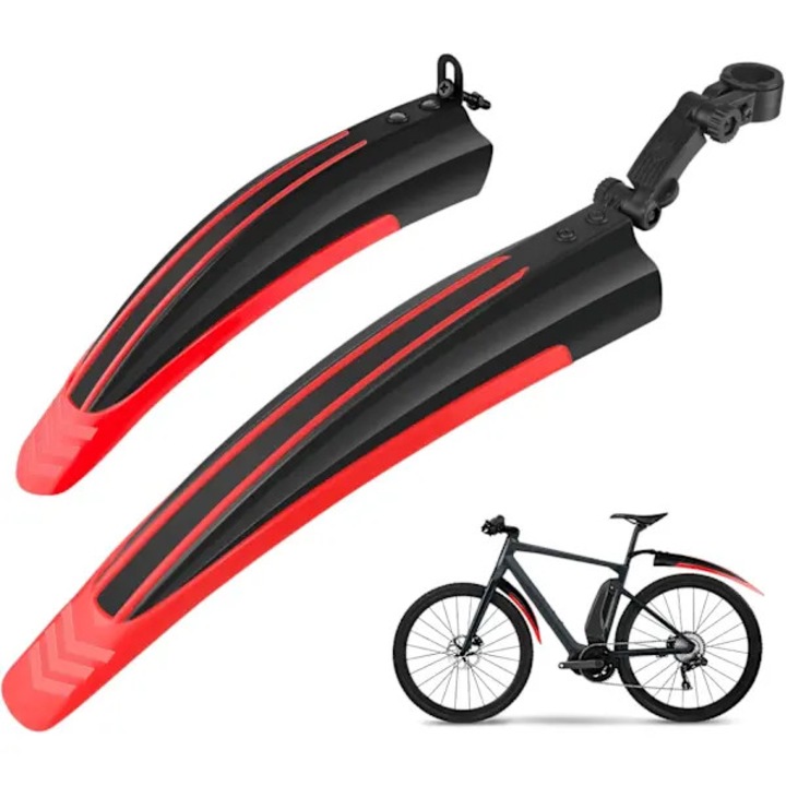 Set aparatori noroi pentru bicicleta PO-CJ-K0433-26-8-22-4143, ajustabile fata+spate pentru roti 20–26 inch, PVC rezistent, negru/rosu, fata 90x300x40mm spate 90x380x50mm