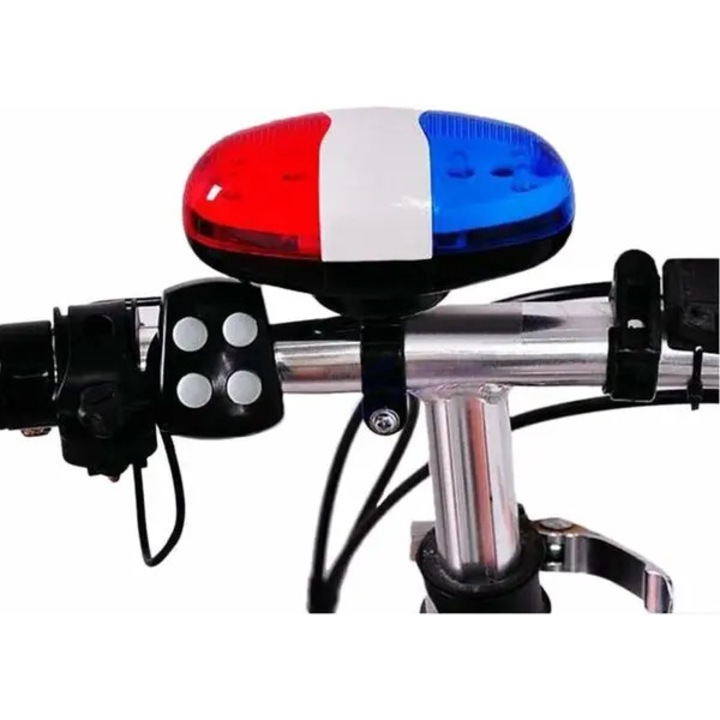 Claxon bicicleta cu 6 LED-uri si 4 tonuri, albastru-rosu, 2.6x2.3cm