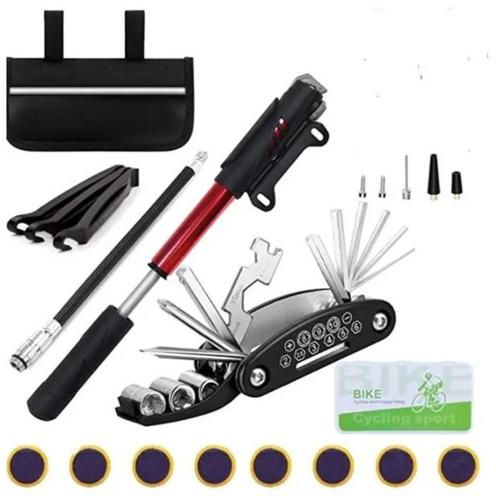 Defektjavító készlet/kerékpár javító készlet, multifunkcionális 16 az 1-ben, mini pumpa 120 PSI, Presta/Schrader kompatibilis, nyeregtáskával, Fekete/piros, 22 darab