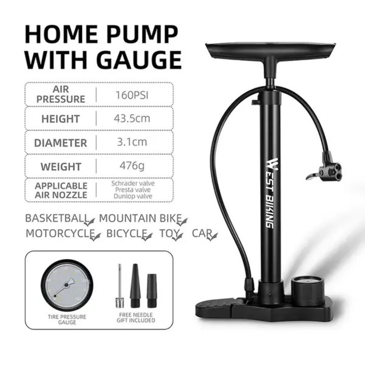 Kerékpárpumpa 160PSI, hordozható, rozsdamentes acél, precíziós nyomásmérő, Schrader/Presta/Dunlop kompatibilis, Fekete, 1 db