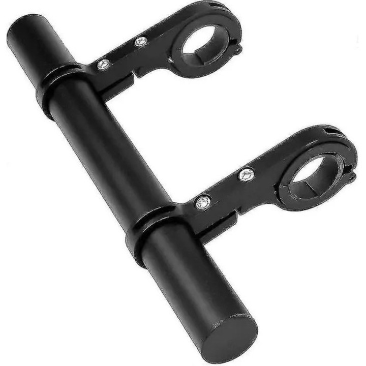 Extensie ghidon bicicleta/prelungitor, din aliaj de aluminiu, 20 cm, dubla clema pentru 25,4/31,8 mm, cu protectii din cauciuc, include cheie imbus, negru, 1 buc.
