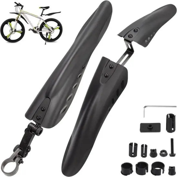 Set aparatori noroi bicicleta PO-CJ-K0433-26-8-22-6612, din PVC rezistent, compatibil 24–29 inch (61–73 cm), negru, fata si spate