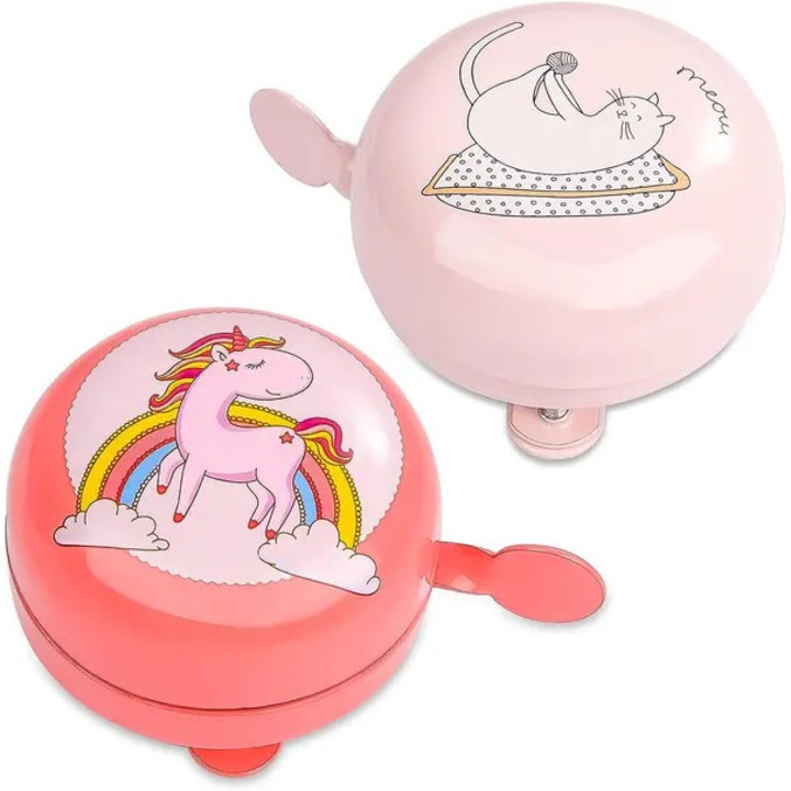 Set 2 bucati, clopotel/sonerie pentru bicicleta cu design animale (unicorn si pisica), din aliaj durabil, rezistent la coroziune, sunet clar 90 dB, rosu/roz