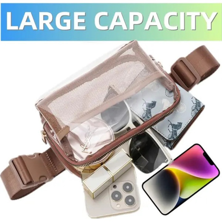 Átlátszó PVC övtáska, stadionban engedélyezett derék-/crossbody táska, állítható, többféleképpen viselhető derékon/mellkason/vállon, átlátszó/barna