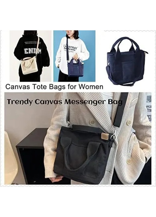 Vászon tote/crossbody táska, nagy kapacitású, több zsebbel, megerősített aljjal, khaki, 23x15x21 cm