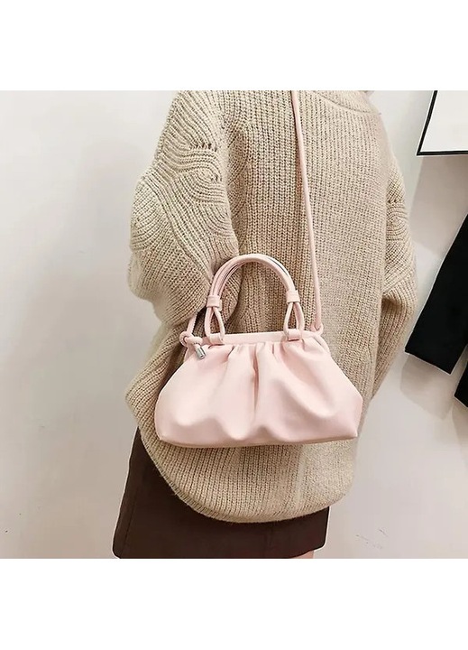 Geanta clutch/poseta din piele ecologica PU, cu design plisat in forma de nor, cu inchidere magnetica si curea reglabila crossbody/umar, Roz pal, 24x18x7 cm