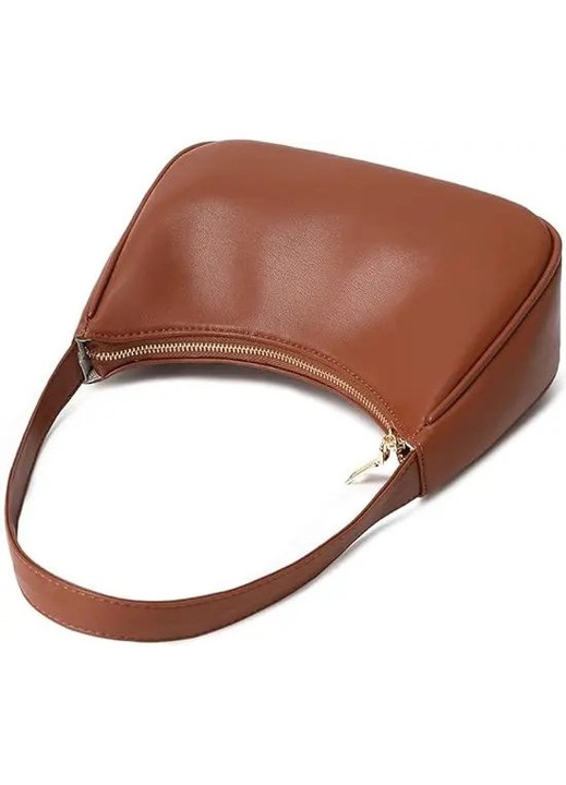 Válltáska/kézitáska műbőrből, kompakt mini hobo felső cipzárral és arany részletekkel, hosszú vállpánt, sötétbarna, 10,2x6,7x3,9 in