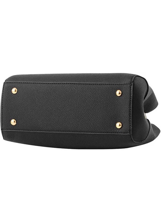 Geanta de mana/poseta din piele PU, bareta detasabila si maner superior, cu 6 buzunare si inchidere cu fermoar, funda decorativa cu panglica, Negru, 28x19x11 cm