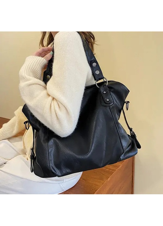 Hobo válltáska, PU bőr, nagy kapacitású, állítható crossbody pánttal, utazáshoz, Fekete, Nagy