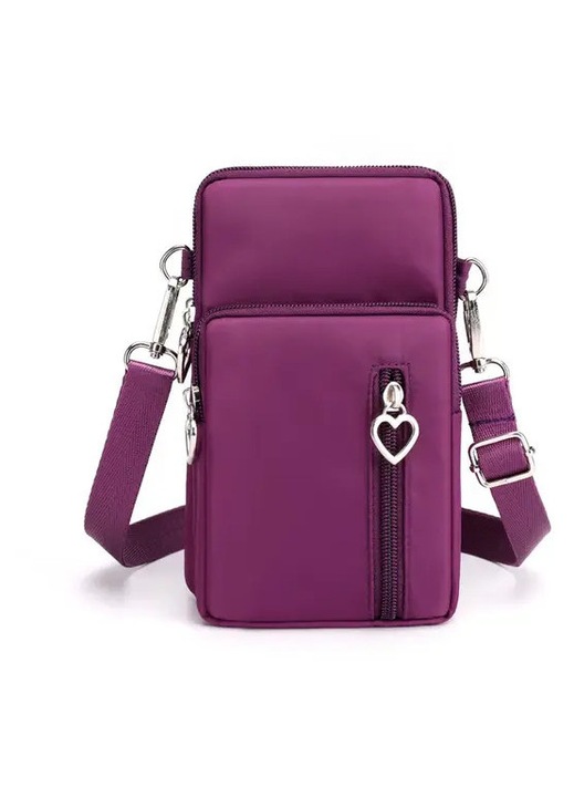 Mobiltelefon táska, textil crossbody táska, állítható pánttal és elülső cipzáras zsebbel, szív alakú medállal, lila, egyedi