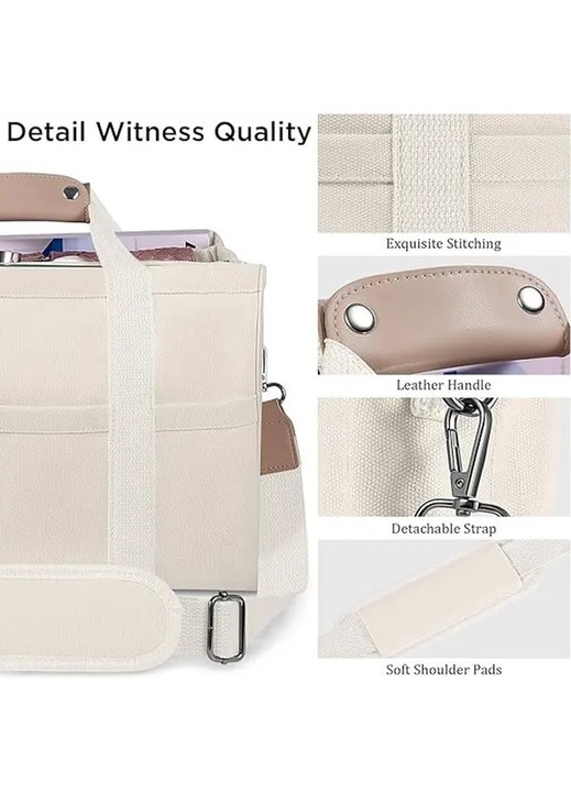 Vászon bevásárlótáska, multifunkcionális crossbody táska több zsebbel, állítható és levehető pánttal, bőr részletekkel ellátott fogantyúkkal, bézs, 30x24x16 cm