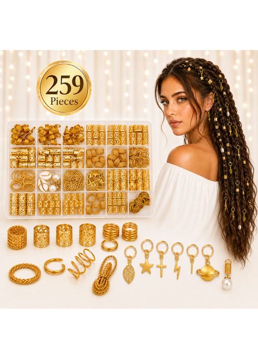 Accesorii Par Impletit Miraza, 259 Piese, Codite Afro, Box Braids, Dreadlocks, Inele Reglabile, Clipsuri, Pandantive Stea, Frunza, Perla si Snururi, Cutie Organizare, Auriu