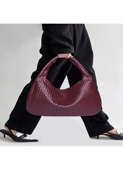 Női tote táska, vegán bőr, kézzel szőtt, barna, 47x2x32cm
