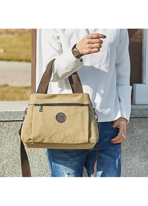 Vászon tote táska, crossbody állítható pánttal és megerősített varrással, Khaki, 32x13x22 cm