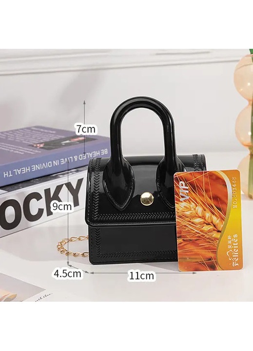 Geanta mini din PVC cu maner superior, clutch crossbody, forma patrata, negru, 11 x 4.5 x 9 cm