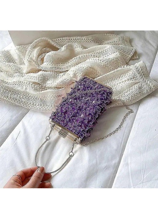 Geanta plic (clutch) din material special, cu cristale si lant 120 cm, mov, 10x17x4.5 cm