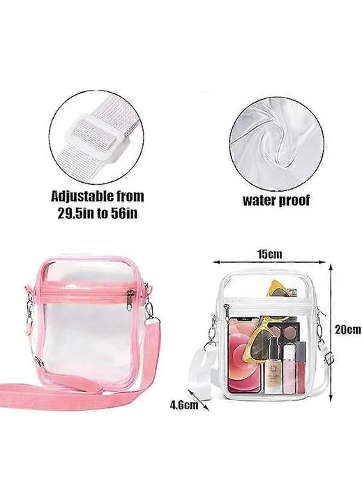 Geanta crossbody din PVC, transparenta, impermeabila, cu curea reglabila si detasabila, 20x15x4.6 cm