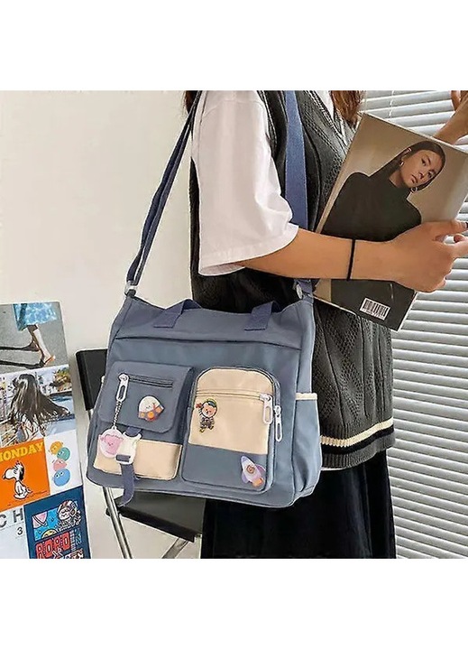 Geanta dama messenger nylon albastru 30x40cm