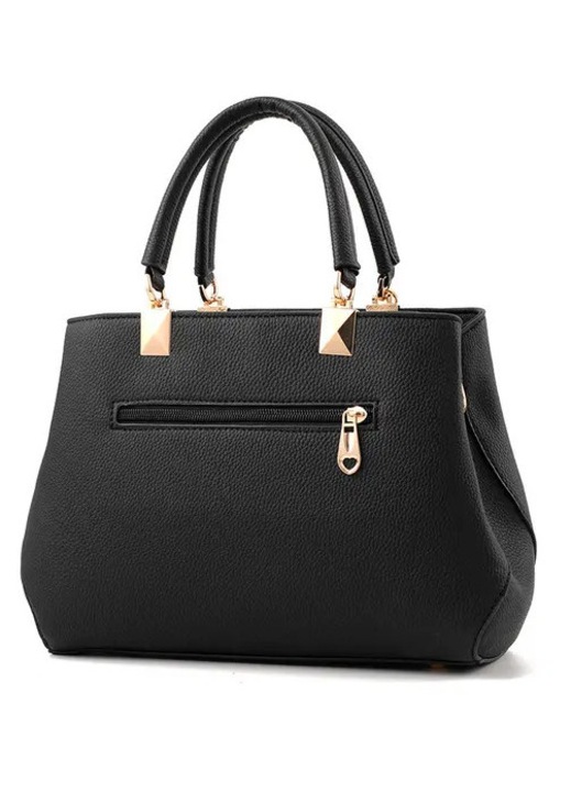 Geanta de mana/poseta din piele ecologica (PU) cu funda decorativa, curea detasabila crossbody, 6 buzunare, Negru, 28x19x11 cm