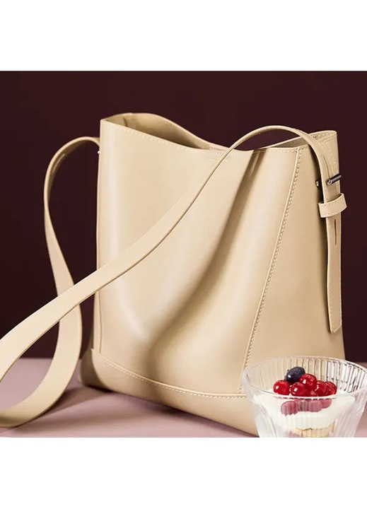 Vödör típusú táska természetes bőrből, crossbody táska állítható pánttal és belső cipzáras rekesszel, füstszürke, 25x11x26 cm