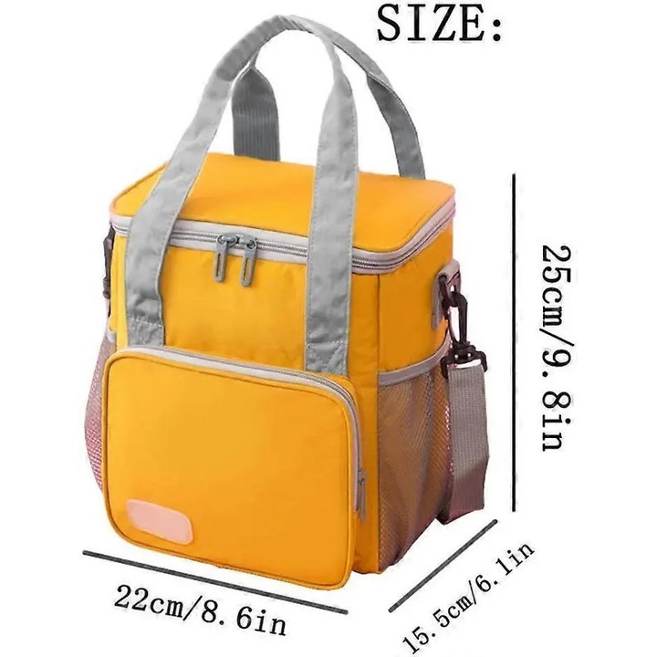 Oxford uzsonnás táska alumíniumfólia béléssel, hőszigetelt, vízálló, 2-3 doboz kapacitás, BM-36120, sárga, 22x15.5x25 cm