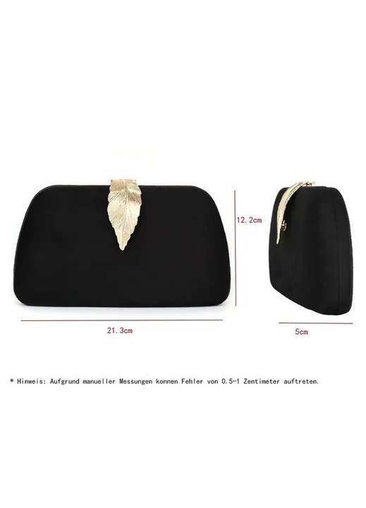 Plic clutch din piele intoarsa sintetica, structura rigida, catarama in forma de frunza aurie, lant auriu 114 cm, captuseala satinata, Negru, 20x13x5 cm