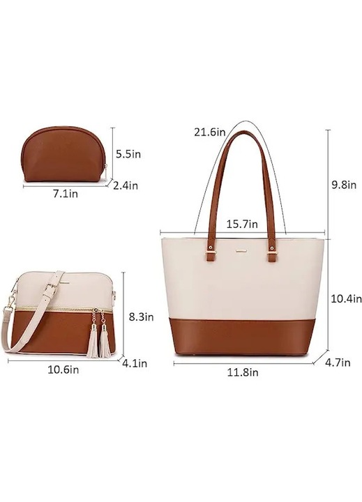 Set 3 genti dama, piele sintetica, alb si maro, 30x26x12cm, 27x21x10cm, 18x14x6cm
