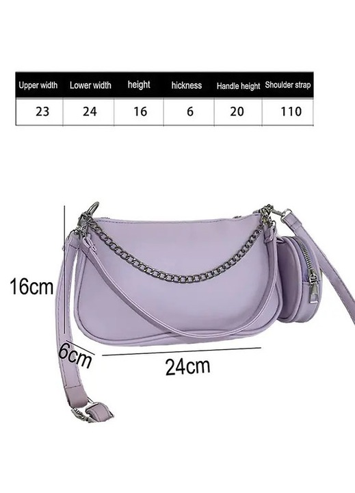 Crossbody táska szintetikus anyagból, fém lánccal és levehető érmetartó zsebbel, minimalista és multifunkcionális válltáska, Lila, 24x16x6 cm