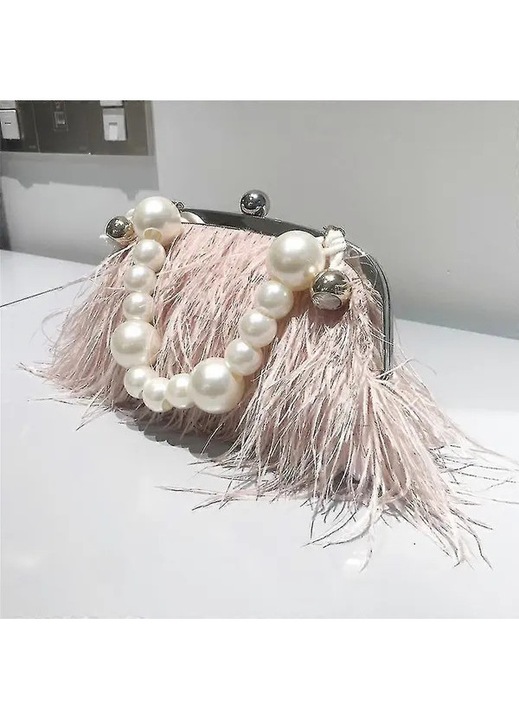 Geanta plic (clutch) din blana sintetica, cu perle si doua lanturi tip sarpe, bareta detasabila crossbody, Multicolor, 22x20x4 cm