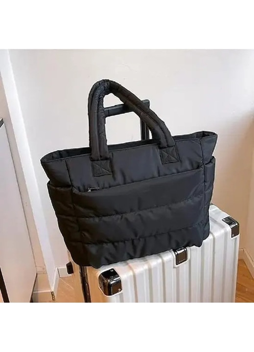 Női táska/válltáska, steppelt textil anyag nylon töltettel, könnyű, párnázott pánttal és több rekesszel (belső zsebek, külső zseb, 2 oldalsó zseb), vízálló, 14 hüvelykes laptophoz, Fekete, 35x16x47 cm
