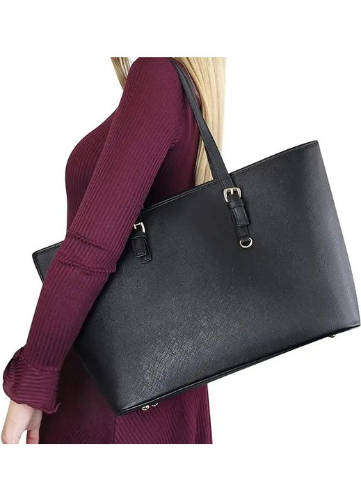 Női shopper táska szintetikus bőrből, klasszikusan elegáns, fogantyúkkal és állítható pánttal, nagy cipzáras zsebbel, vízálló, fekete
